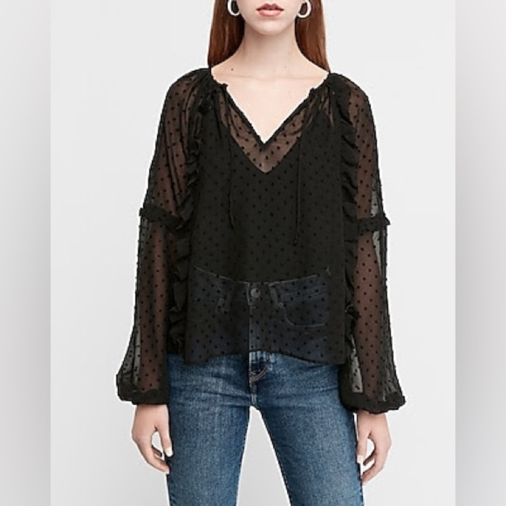 Express Black Sheer Ruffled Clip Dot Top Small
